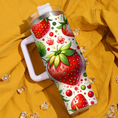 40oz Stainless Steel Tumbler with Handle - Christmas Strawberry Design, Insulated Reusable Cup for Hot/Cold Drinks, Holiday Gift