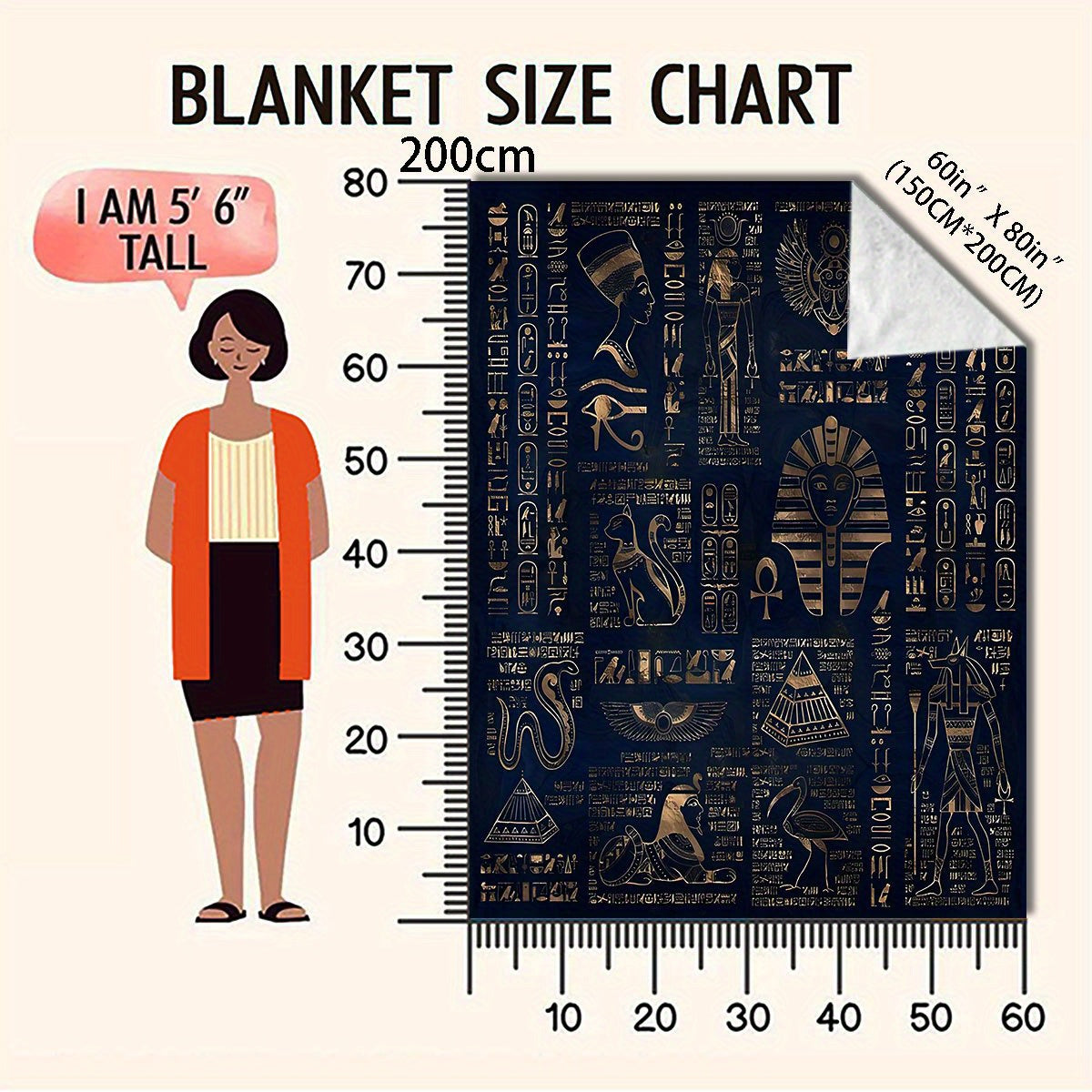 Egyptian Pharaoh Blanket - Hieroglyphics & Golden Pyramid Print on Deep Blue Flannel, Luxurious Sofa Throw Blankets Decor Gift