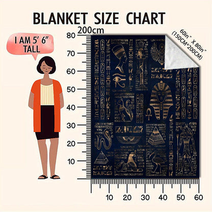 Egyptian Pharaoh Blanket - Hieroglyphics & Golden Pyramid Print on Deep Blue Flannel, Luxurious Sofa Throw Blankets Decor Gift