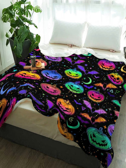 Halloween Pumpkin Bat Throw - Soft Flannel Blanket for All Seasons, Multi-Use for Bed, Sofa, Camping, Festive Gift
