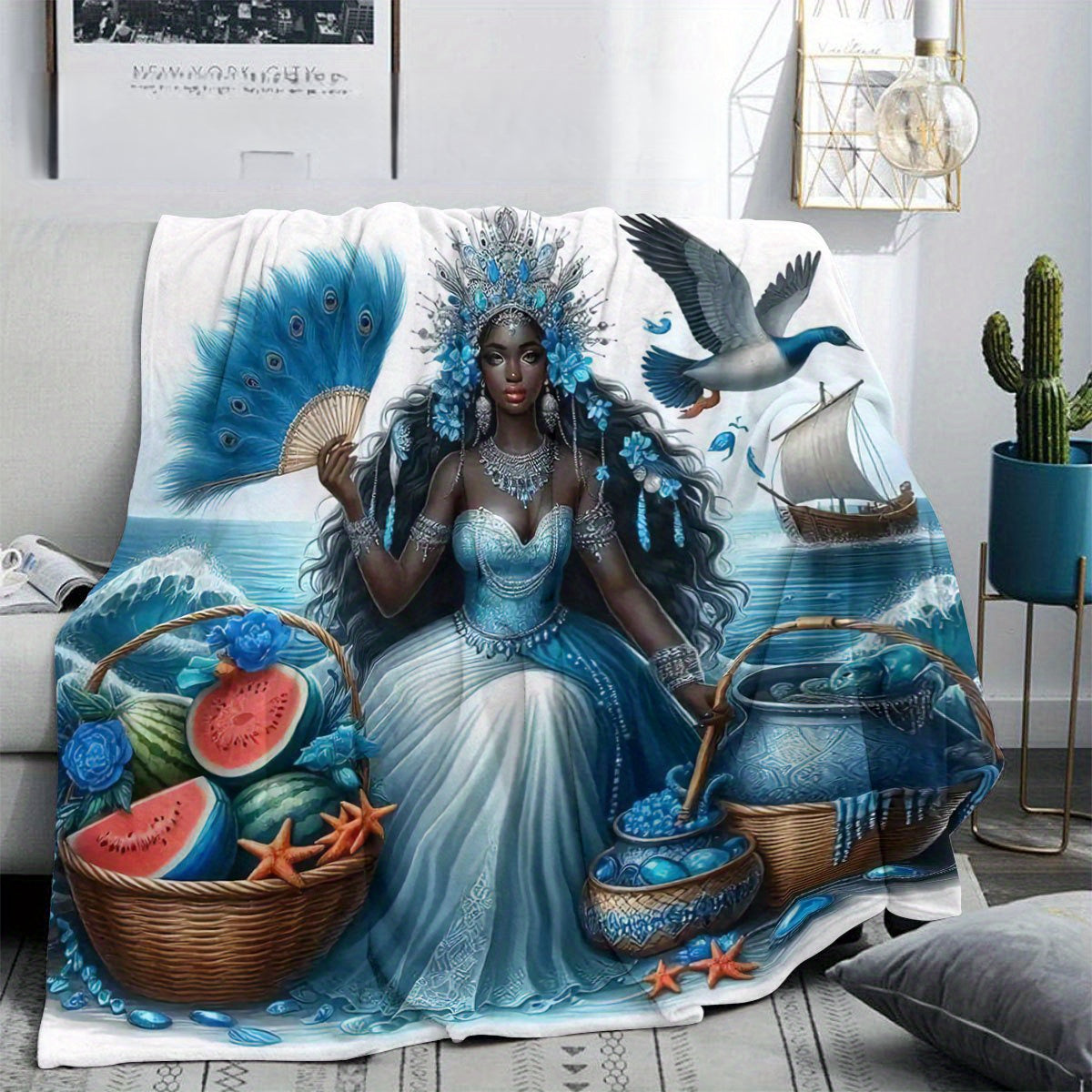 Boho Peacock & Starfish Flannel Blanket - HD Vibrant Print, Lightweight & Colorful for Beach Travel, Festival Gear & Boho Chic Home Decor