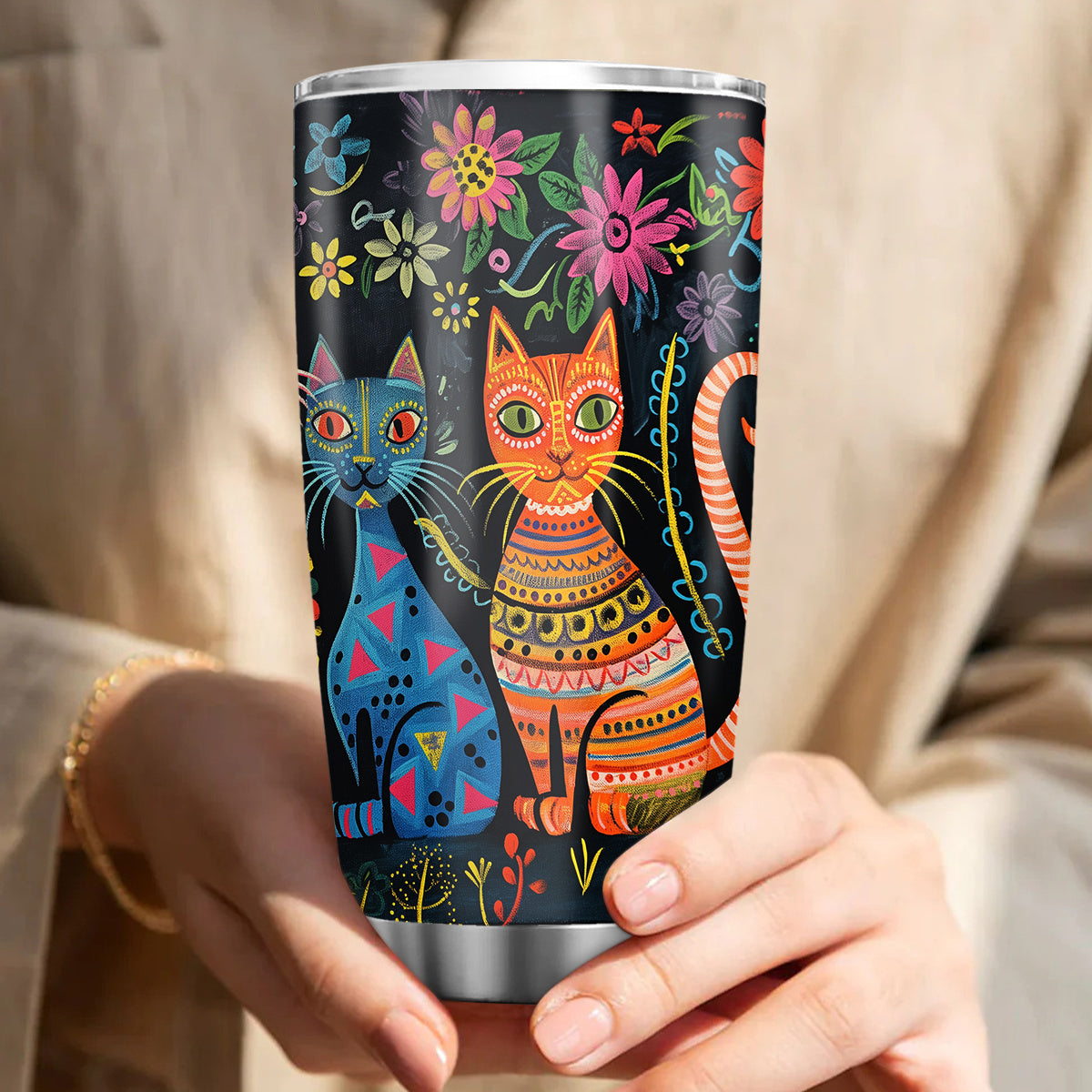 Sculptural Cat Tumbler - 20oz Brushed Steel Travel Mug with Handle, Artisanal Gift for Cat Lovers, Durable & Stylish for All Seasons