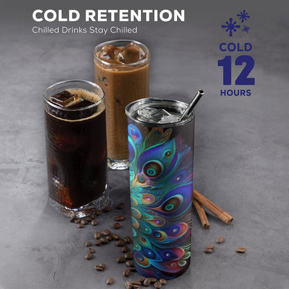 Neon Peacock Tumbler 20oz - Insulated Stainless Steel Cup with Straw & Lid | Vibrant Gift for Women, Girls, Birthday & Festivals, Hand Wash Only