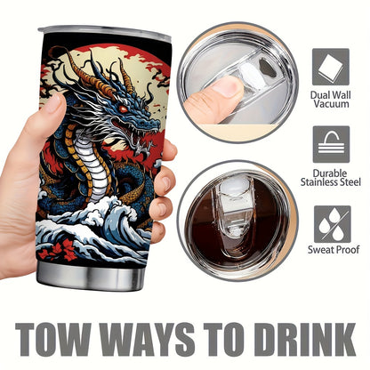Dragon & Cherry Blossom Tumbler 20oz - Stainless Steel Insulated Travel Mug | Lunar New Year Gift, Storm Design, Leak-Proof & Dishwasher Safe