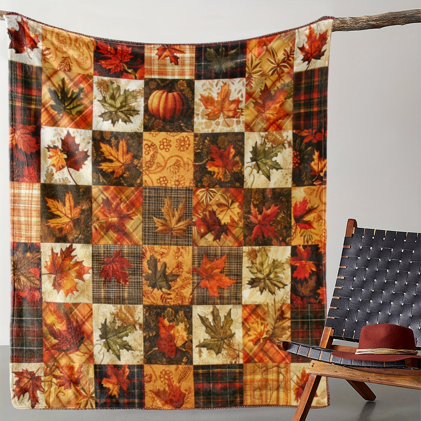 Patchwork Plaid Flannel Blanket - Fall Leaf Print, All-Season Soft Throw for Sofa, Bed & Housewarming Gift