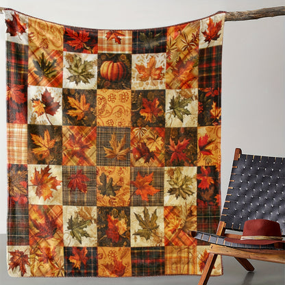 Patchwork Plaid Flannel Blanket - Fall Leaf Print, All-Season Soft Throw for Sofa, Bed & Housewarming Gift