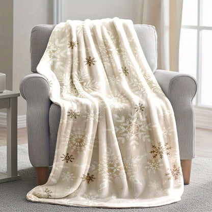Winter Snowflake Flannel Blanket in Beige - Plush, Super Soft & Warm, Cozy Gift for All Seasons