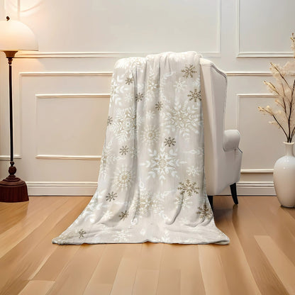 Winter Snowflake Flannel Blanket in Beige - Plush, Super Soft & Warm, Cozy Gift for All Seasons