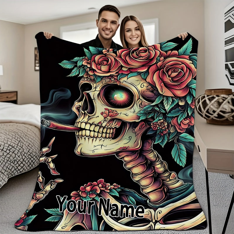 Gothic Skull & Rose Flannel Blanket - Custom Name Print, Soft Halloween & Christmas Gift