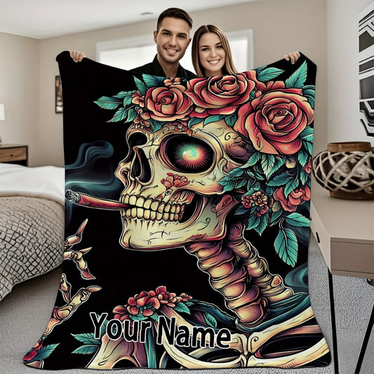 Gothic Skull & Rose Flannel Blanket - Custom Name Print, Soft Halloween & Christmas Gift