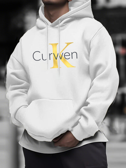 Men‘s Black Geometric Print Hoodie - Minimalist Kangaroo Pocket Pullover, Essential Hooded Sweatshirt