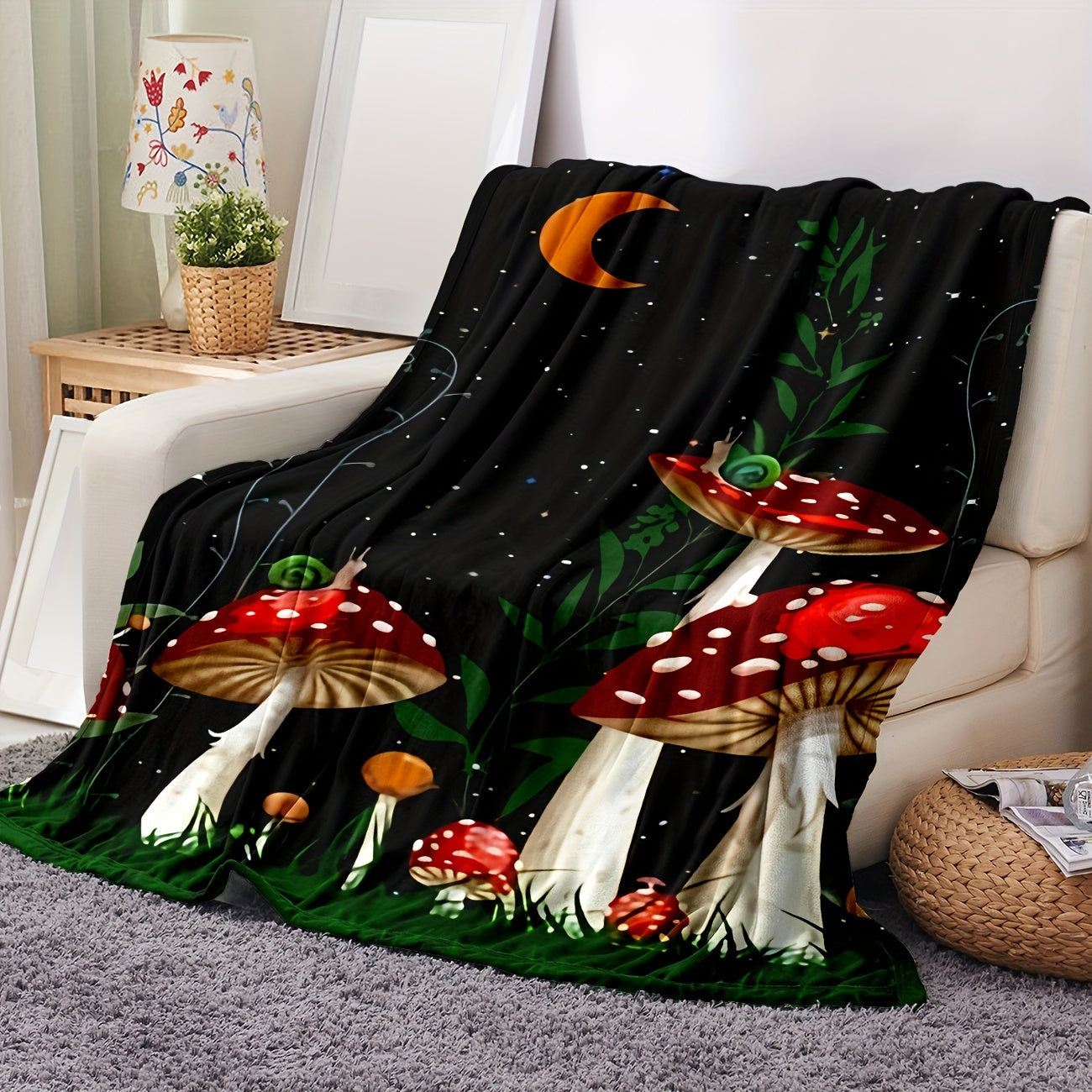 Mushroom & Snail Flannel Blanket - Whimsical Forest Print Lightweight Throw | Soft Gift for Kids, Adults, and Multi-Scene Cozy Moments