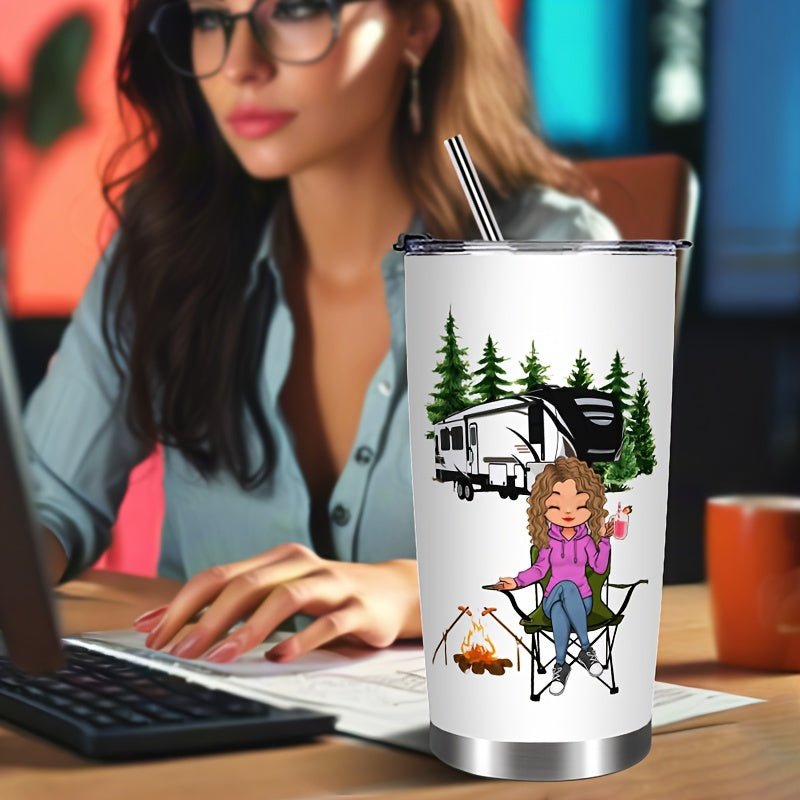 20oz Insulated Tumbler with Straw - Funny “Camping Queen” Printed Stainless Steel Cup, Leak-Proof Lid, Perfect Gift for Outdoor Lovers