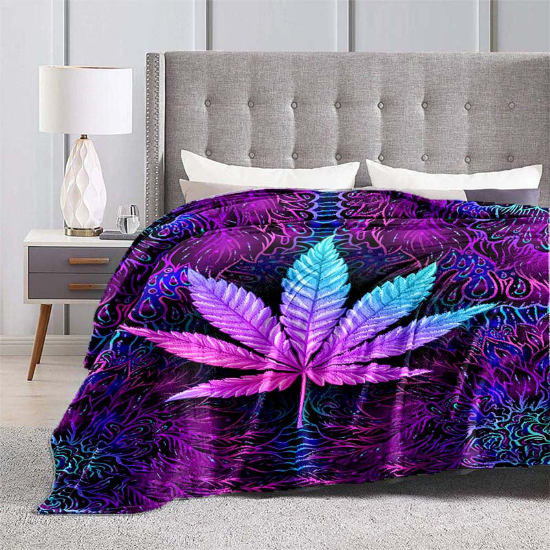 Purple Psychedelic Maple Leaves Flannel Throw - Trippy Nature-Inspired Art Blanket | Lightweight & Soft for Music Festivals, Home Decor, and Bohemian Style