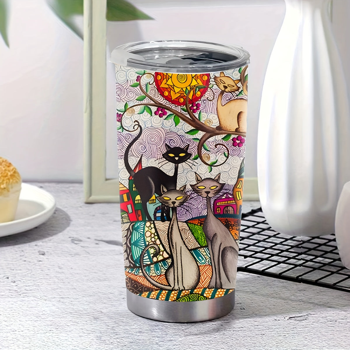 Wearable Feline Art Tumbler - 20oz Gallery-Worthy Print on Insulated Stainless Steel, A Vibrant Gift for Connoisseurs & Cat Lovers