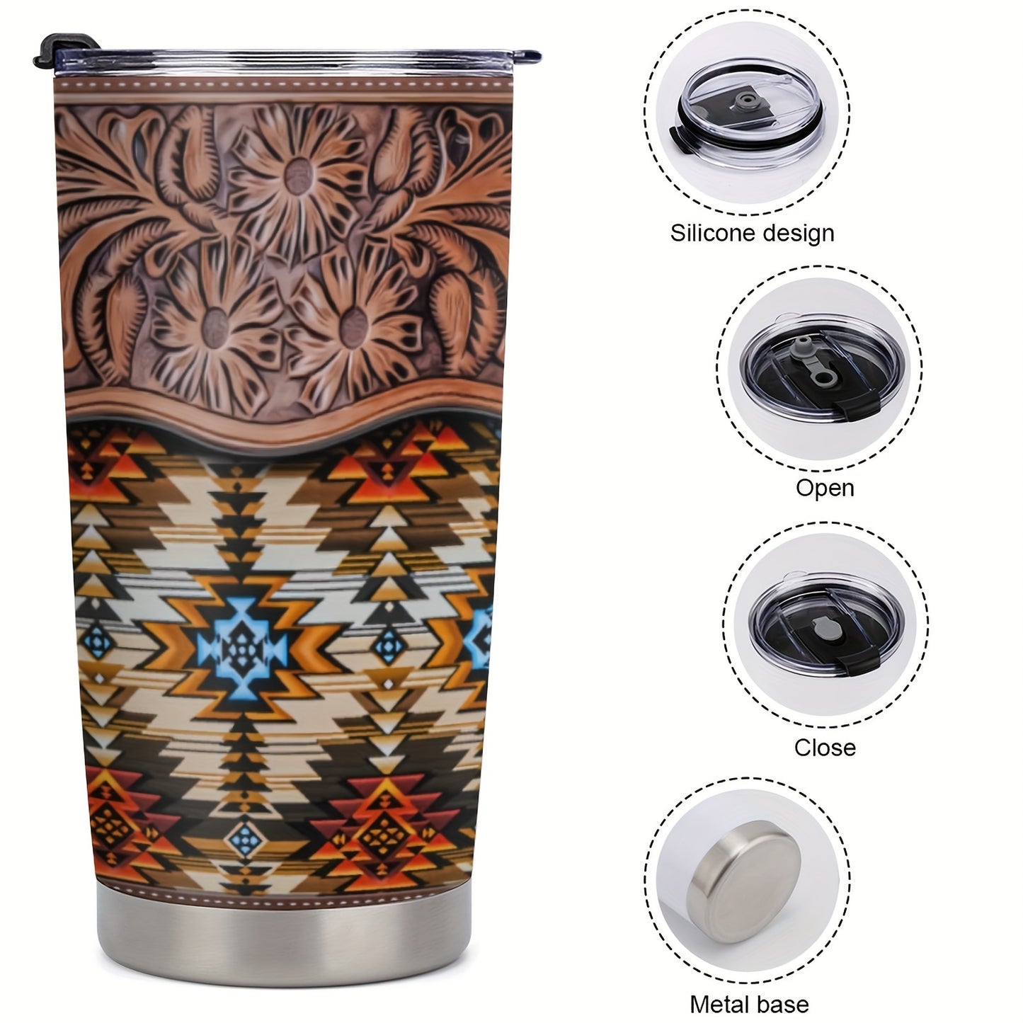 Southwestern Tumbler Gift Set - 20oz Stainless Steel Insulated Cup with Lid, Straw & Brush | Vibrant Floral Geometric Pattern, Keeps Drinks Hot/Cold | Holiday, Birthday Gift for Her
