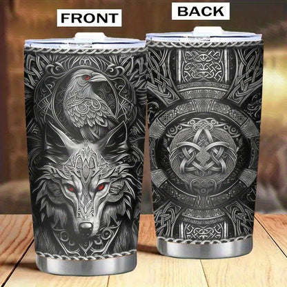 Viking Themed Insulated Tumbler 20oz - Stainless Steel Travel Mug with Wolf & Celtic Knot, Double-Wall Hot Cold Cup, Durable Gift for Him
