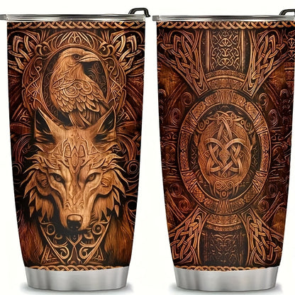 Viking Wolf & Raven Art Tumbler - 20oz Stainless Steel Insulated Cup, Dishwasher Safe & Shatterproof - Perfect Coffee Mug for Home, Travel, and Holiday Gifts (Christmas, Halloween, Easter)