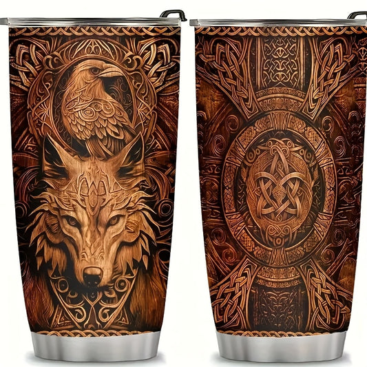 Viking Wolf & Raven Art Tumbler - 20oz Stainless Steel Insulated Cup, Dishwasher Safe & Shatterproof - Perfect Coffee Mug for Home, Travel, and Holiday Gifts (Christmas, Halloween, Easter)