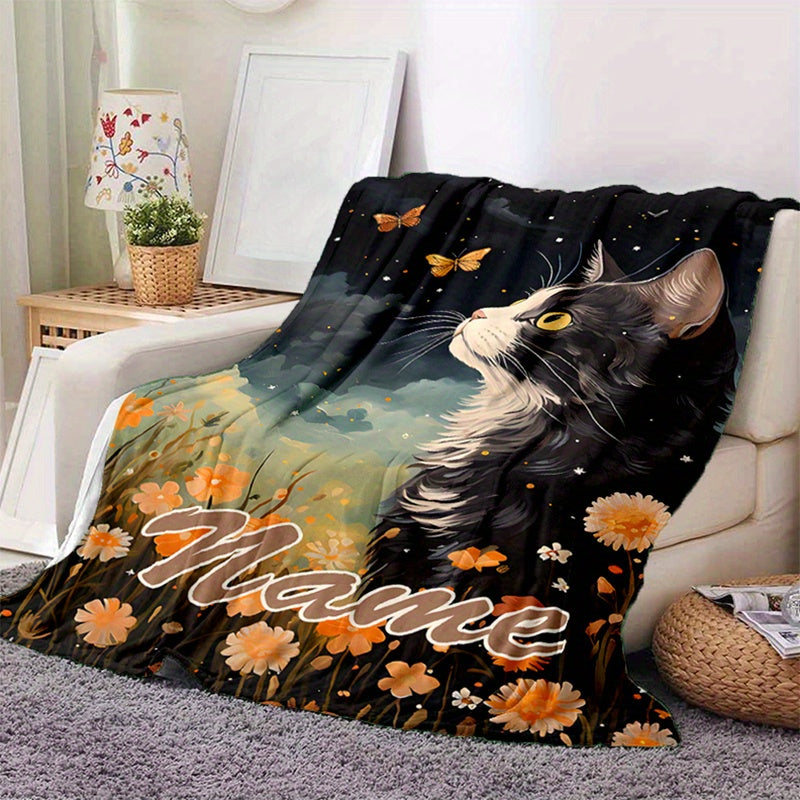 Personalized Throw Blanket - Custom Name on Black Cat & Butterfly Art | Warm Lightweight All-Season Gift for Cat Owners & Modern Home