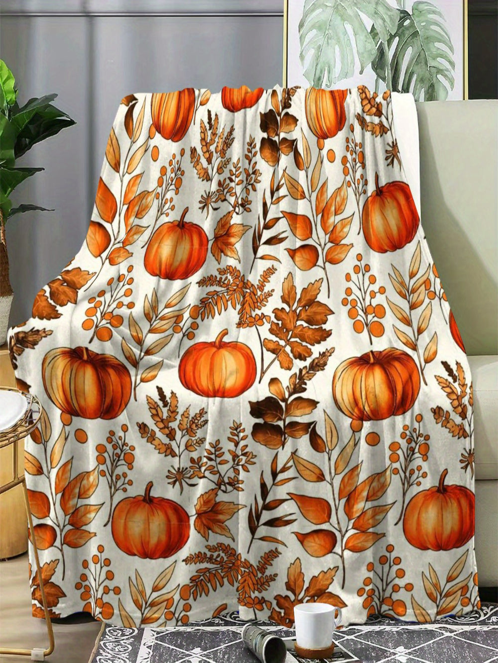 Pumpkin Leaf Flannel Throw - All-Season Soft & Warm Blanket for Bed, Sofa, Camping, Multi-Use Fall Gift
