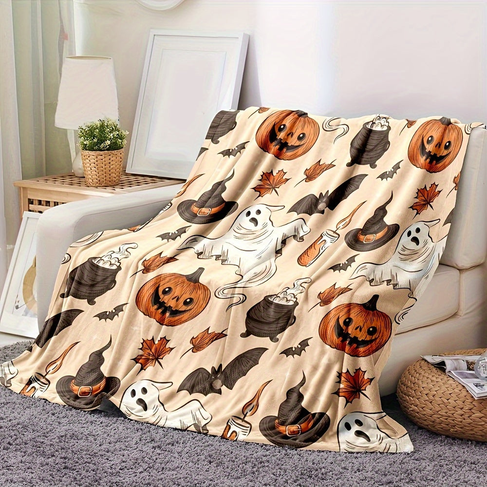 Halloween Maple Leaf Pumpkin Ghost Blanket - Cozy Flannel Throw for Fall & Halloween Decor, Soft Family Gift, Festival Couch Bed Cover