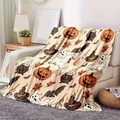 Halloween Maple Leaf Pumpkin Ghost Blanket - Cozy Flannel Throw for Fall & Halloween Decor, Soft Family Gift, Festival Couch Bed Cover