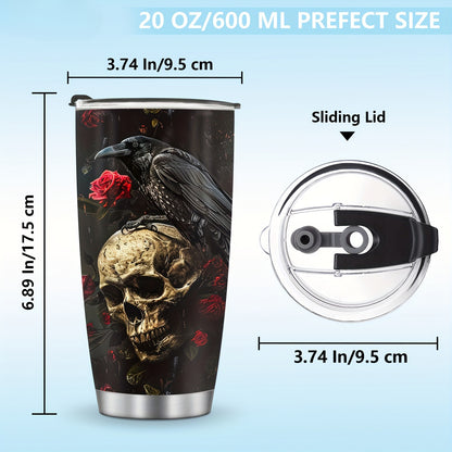 Gothic Skull & Raven Tumbler - 20oz Stainless Steel Insulated Travel Mug, BPA-Free & Hand Wash - Perfect Gift for Halloween, Christmas, Day of the Dead, Goth Lovers