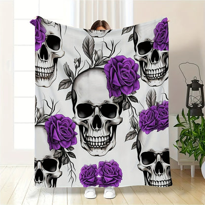 Gothic Skull & Rose Flannel Blanket - Dramatic Black & Purple, Soft Machine-Washable Throw for Halloween & Christmas