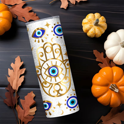 Hamsa & Evil Eye Tumbler 20oz - Stainless Steel Vacuum Insulated Cup with Straw | Protective Symbol Design, Keeps Drinks Hot/Cold, Perfect Travel Gift