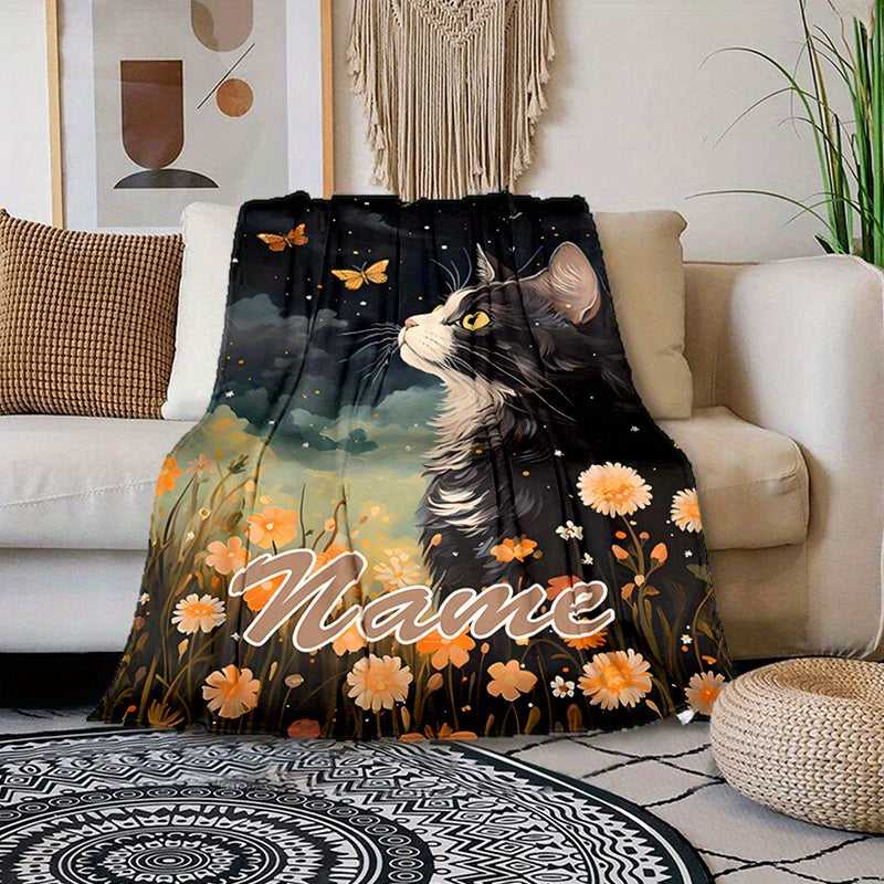Personalized Throw Blanket - Custom Name on Black Cat & Butterfly Art | Warm Lightweight All-Season Gift for Cat Owners & Modern Home