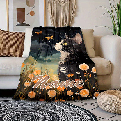 Personalized Throw Blanket - Custom Name on Black Cat & Butterfly Art | Warm Lightweight All-Season Gift for Cat Owners & Modern Home