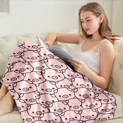 Cute Pig Print Flannel Throw Blanket - Soft, Warm & Lightweight Polyester, All-Season Use for Bed, Sofa, Dorm, Travel - Machine Washable Home Decor & Cozy Gift