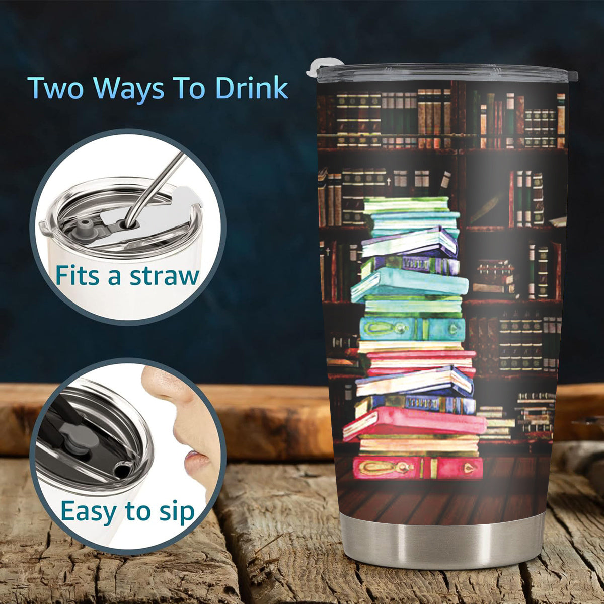 Book Lover‘s Tumbler 20oz - Bookshelf & Literary Quote Design Stainless Steel Mug | Perfect Gift for Readers, Librarians & Bookworms