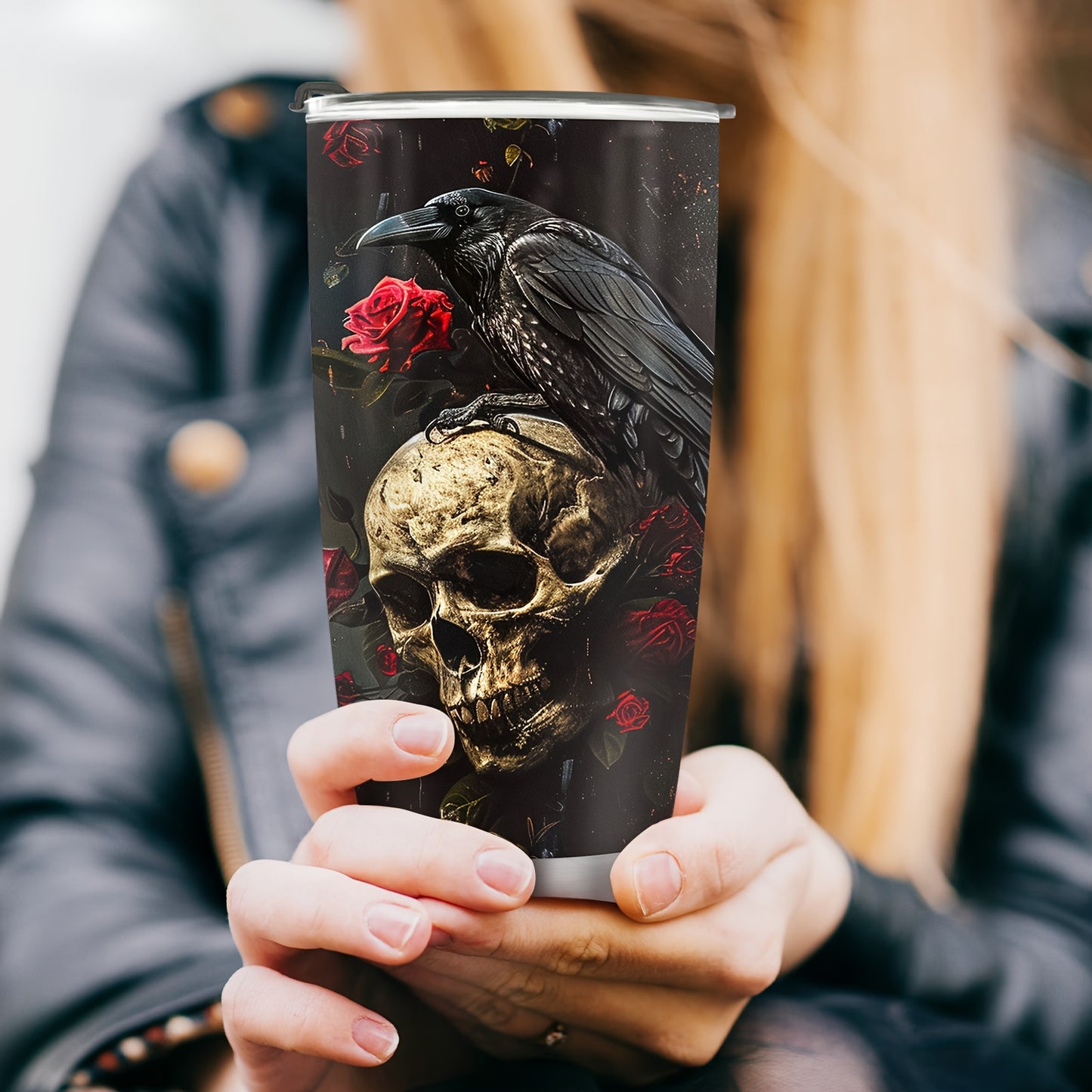 Gothic Skull & Raven Tumbler - 20oz Stainless Steel Insulated Travel Mug, BPA-Free & Hand Wash - Perfect Gift for Halloween, Christmas, Day of the Dead, Goth Lovers