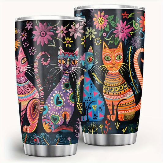 Sculptural Cat Tumbler - 20oz Brushed Steel Travel Mug with Handle, Artisanal Gift for Cat Lovers, Durable & Stylish for All Seasons