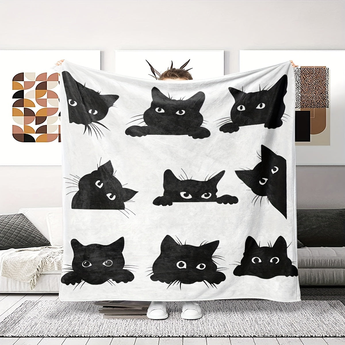 Playful Black Cat Flannel Blanket White Digital Print Soft All-Season Home Travel Decor