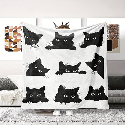 Playful Black Cat Flannel Blanket White Digital Print Soft All-Season Home Travel Decor