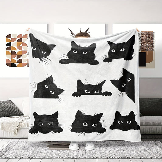 Playful Black Cat Flannel Blanket White Digital Print Soft All-Season Home Travel Decor