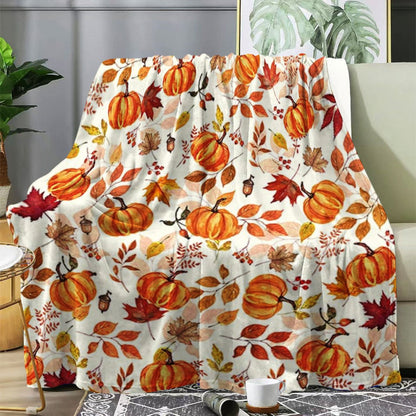 Autumn Harvest Flannel Blanket - Cozy Pumpkin & Maple Leaf Print for Home & Travel