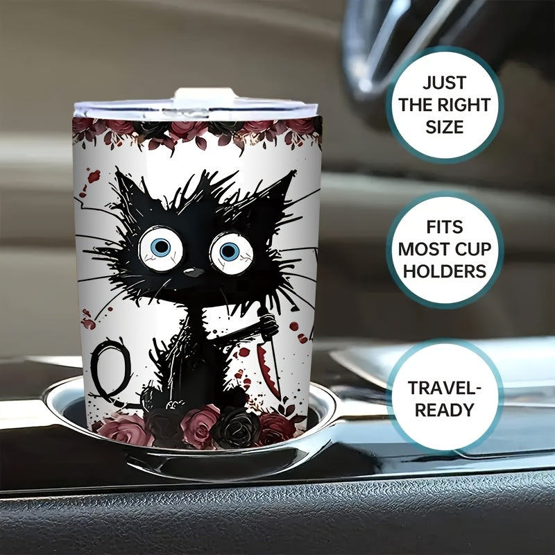 “I Will Put You in the Trunk” Tumbler – 20oz Double-Wall Vacuum Insulated Mug with Black Cat & Rose, Gothic Humor Gift