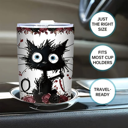 “I Will Put You in the Trunk” Tumbler – 20oz Double-Wall Vacuum Insulated Mug with Black Cat & Rose, Gothic Humor Gift