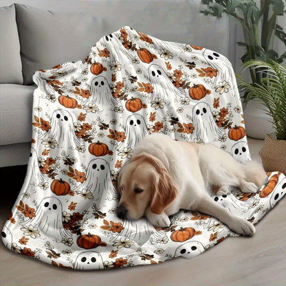Haunted Garden Flannel Throw Blanket - Elegant Spooky Ghost & Pumpkin Print, Year-Round Soft Warmth, Premium Halloween Decor & Gift