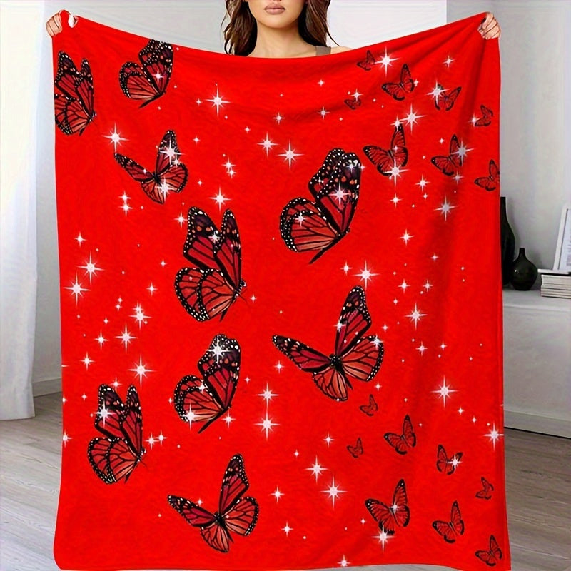Red Butterfly Wedding Throw - Romantic Flannel Blanket for Bride & Groom, Soft Warm Keepsake Gift, Fall Winter Anniversary or Honeymoon Decor