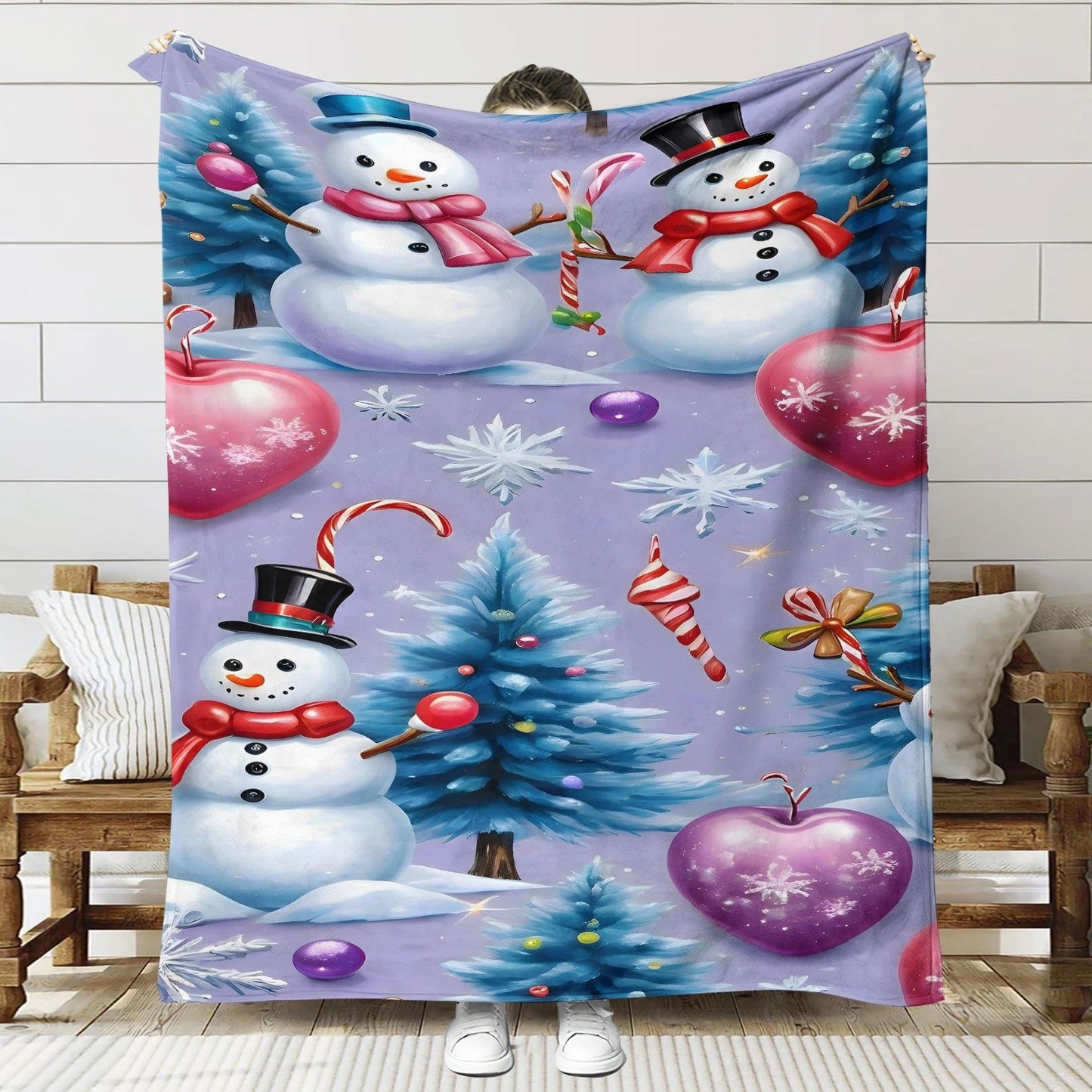 Iridescent Snowman Flannel Blanket - Gold, Purple, Pink & Blue Snowflake Christmas Throw, Magical Sofa Bed Gift