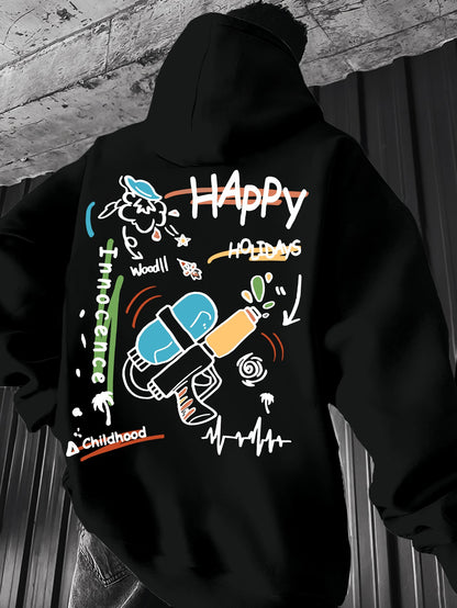 Holiday Vibes Graphic Hoodie - Men's "Happy Holiday" Streetwear Pullover, Cool Kangaroo Pocket, Casual Fit
