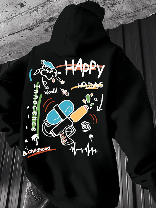 Holiday Vibes Graphic Hoodie - Men's "Happy Holiday" Streetwear Pullover, Cool Kangaroo Pocket, Casual Fit