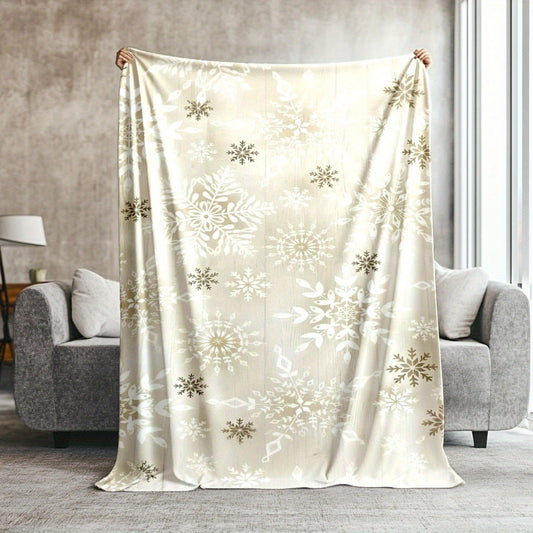 Winter Snowflake Flannel Blanket in Beige - Plush, Super Soft & Warm, Cozy Gift for All Seasons