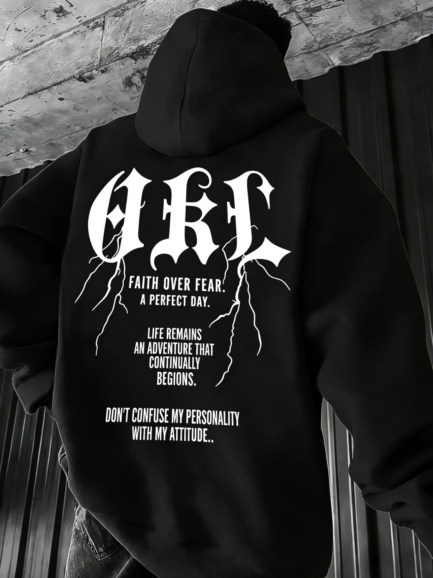 Gothic Hoodie for Men - Faith Love Strength Pullover with Gothic Lettering, Unisex Streetwear Trend Hooded Sweatshirt