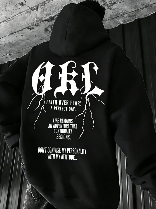 Gothic Hoodie for Men - Faith Love Strength Pullover with Gothic Lettering, Unisex Streetwear Trend Hooded Sweatshirt